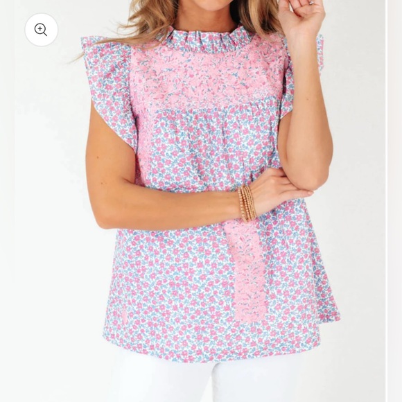 J.Marie Tops - J. Marie Collection Corinne Ruffle Neck Top, Embroidered, Pink Floral, Size M